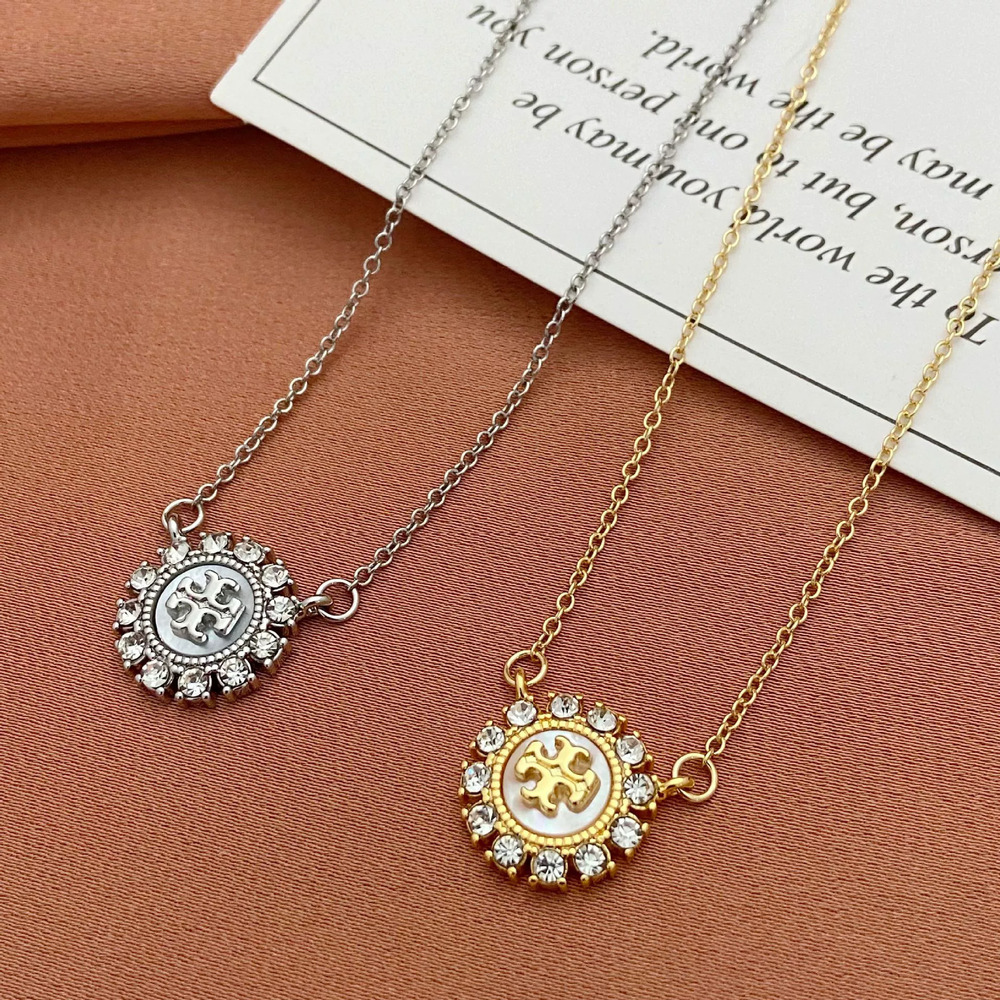 Tory Burch Rhinestone Letter Flower Pendant Metal Necklace